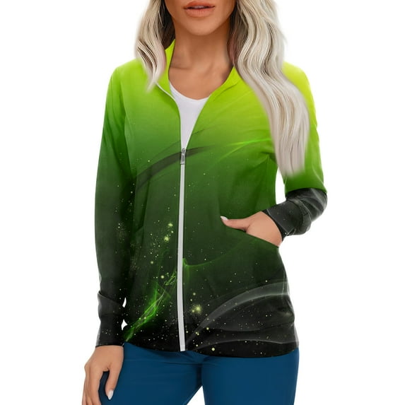 IYYVV Zip Up Scrub Jackets for Woman Long Sleeve Cardigan Scrubs Tops Loose Comfy Nurse Workwear Working Uniforms w/Pockets Green 4XL