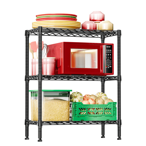 IZEUK 3 Tier Storage Rack, Adjustable Kitchen Metal Wire Shelving Organizer, 29.5" W x 13.8" D x 35.5" H, Black