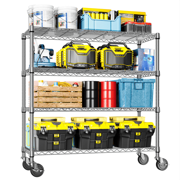 IZEUK 4-Tier Heavy Duty Metal Wire Shelf with Wheels, Adjustable Storage Rack for Garage Pantry, 17.7" D x 47.2" W x 59.1" H, Chrome