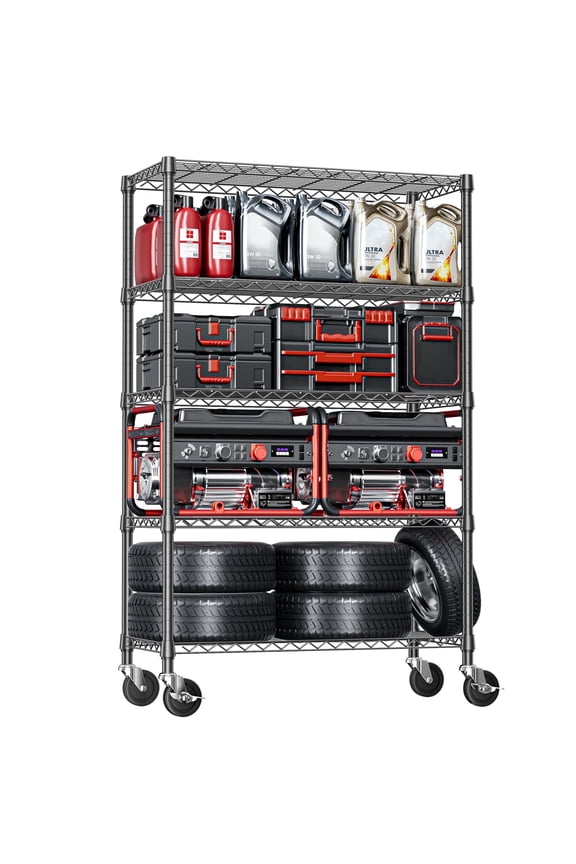 5-Tier Adjustable Wire Shelving Unit with Wheels, Heavy Duty Storage Rack for Garage, 47.2"W x 76.7"H x 17.7"D, Black