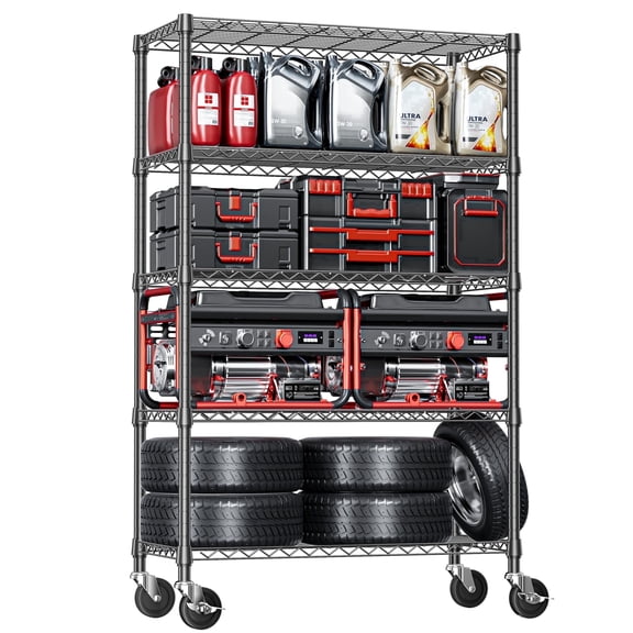 IZEUK 5-Tier Adjustable Wire Shelving Unit with Wheels, Heavy Duty Storage Rack for Garage, 47.2"W x 76.7"H x 17.7"D, Black