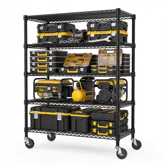 IZEUK 5 Tier Garage Shelving Wide Storage Shelves with Wheels, 53.1" W x 23.6" D x 73.6" H, 4000 LBS, Black, Heavy Duty Metal Adjustable Utility Rack