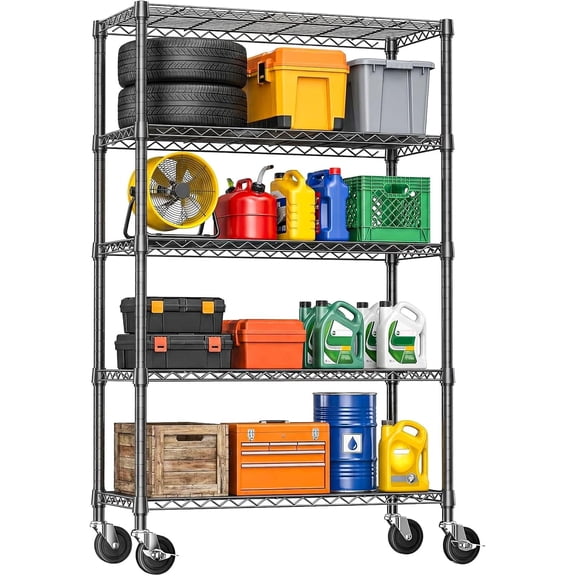 IZEUK 5-Tier Heavy Duty Wire Shelves, Adjustable Metal Rack with Wheels, 1750 lbs, 47.2"W x 17.7"D x 76.8"H, Black