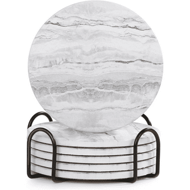 IZEYNO Set of 6 Ceramic Coasters, 4" Round Decorative Cup Coaster with Holder, Absorbent Drink Coasters, White