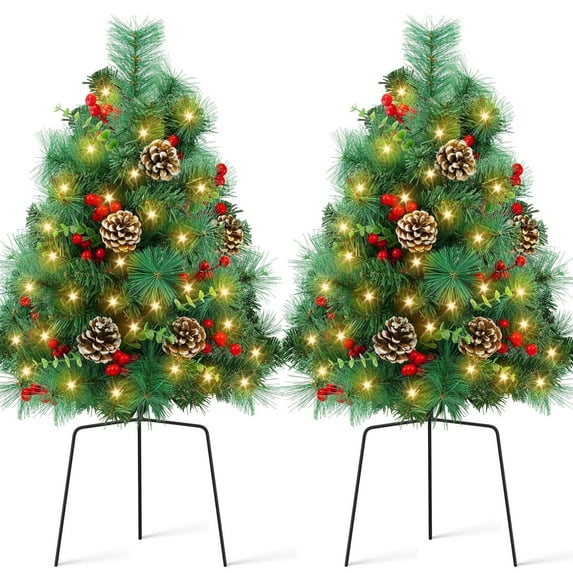 Yexmas 2PCS Small Outdoor Christmas Trees with LED Lights,30" Artificial Xmas Decora for Porch,Yard,Pathway,Garden,PVC+PE+Pine Needles