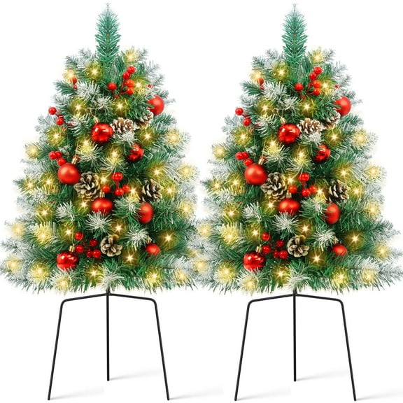 Yexmas 2PCS Small Outdoor Christmas Trees with LED Lights,30" Artificial Xmas Decora for Porch,Yard,Pathway,Garden,PVC
