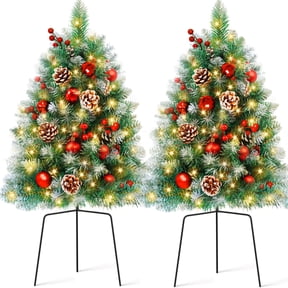 Yexmas 2PCS Small Outdoor Christmas Trees with LED Lights,30" Artificial Xmas Decora for Porch,Yard,Pathway,Garden,PVC