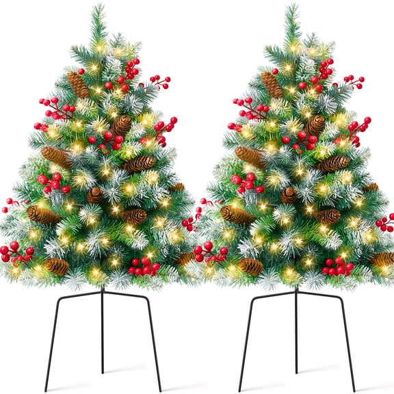 Yexmas 2PCS Small Outdoor Christmas Trees with LED Lights,30" Artificial Xmas Decora for Porch,Yard,Pathway,Garden,Mixed Green PVC