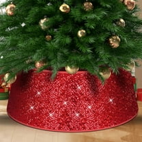 Yexmas 34" Sequin Christmas Tree Collar,Tree Bottom Base,Foldable Bottom Decoration for Christmas Holiday,Red