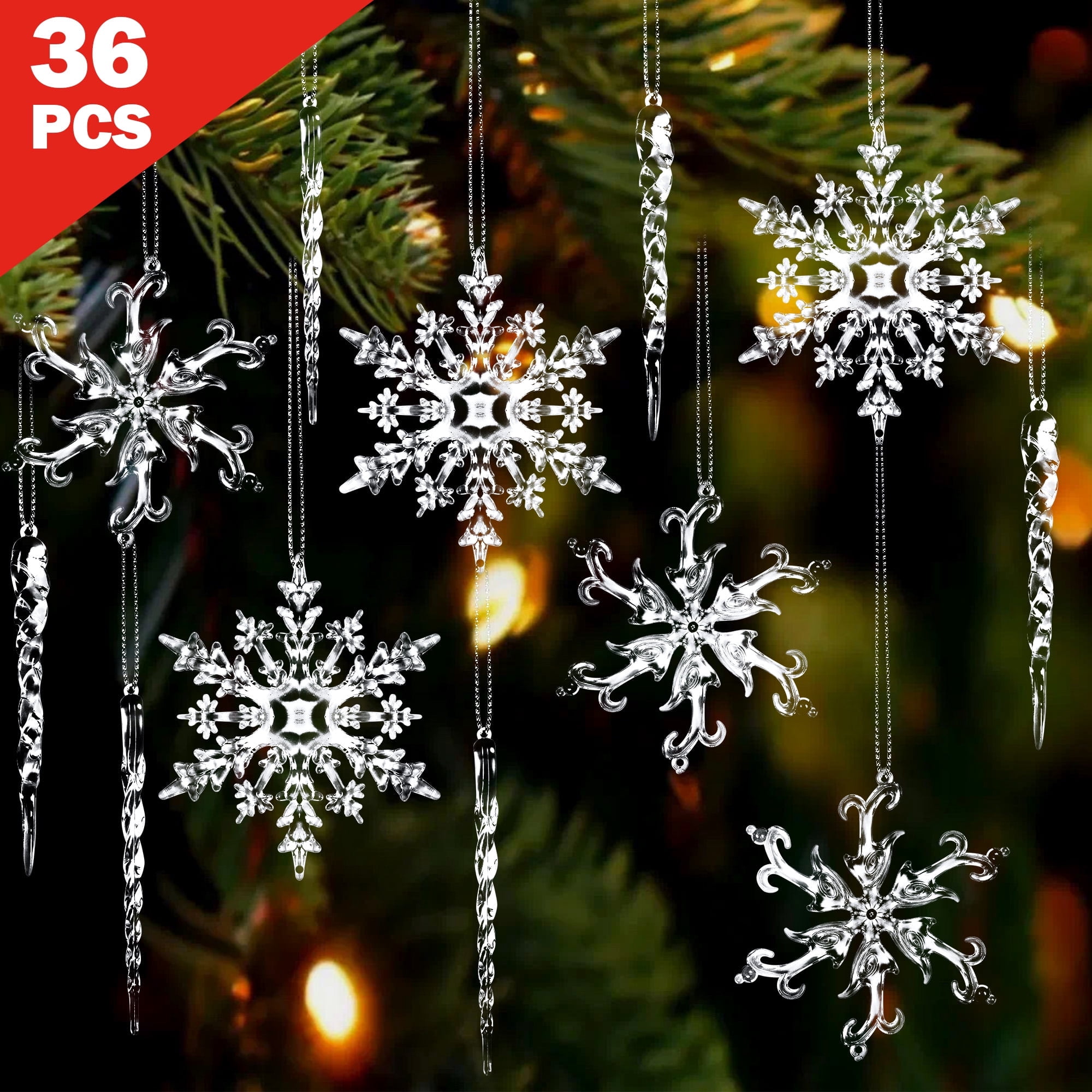 Yexmas 36 Pcs Christmas Tree Crystal Ornaments, Hanging Acrylic Navidad Snowflake Icicle Pendant Crystal Decorations for Holiday Decor, New Year Party