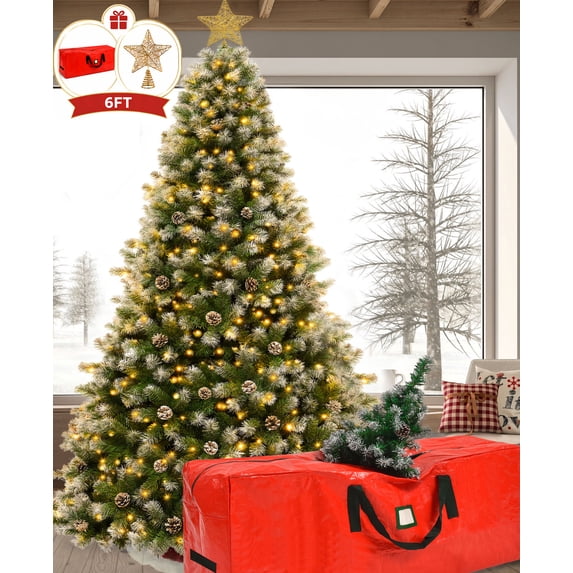 Yexmas 6ft Pre-Lit Christmas Tree with Tree Topper, 8 Modes LED Lights, Artificial Xmas Tree with Large Storage Bag