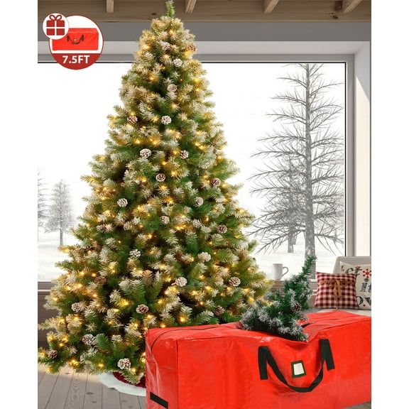 Yexmas 7.5ft Pre-Lighted Christmas Tree, 8 Modes LED Lights, Artificial Xmas Tree with Large Storage Bag