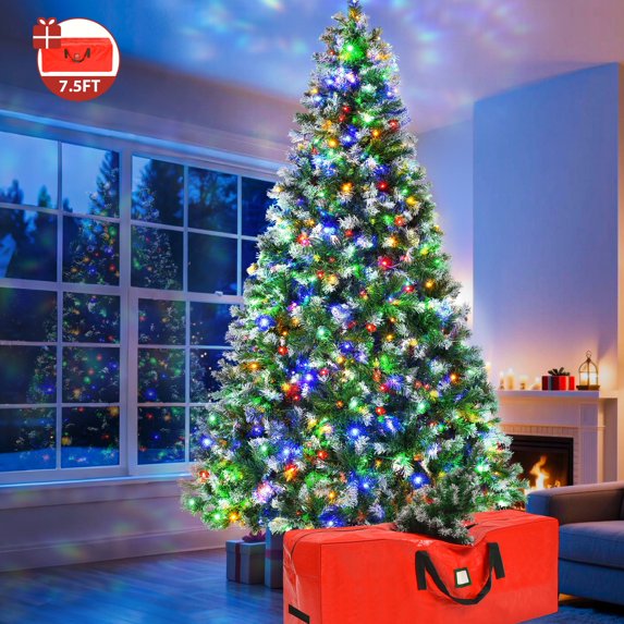 Yexmas 7.5ft Pre-Lit Green Christmas Tree, 11 Modes Colored LED Lights, Artificial Xmas Tree with Large Storage Bag