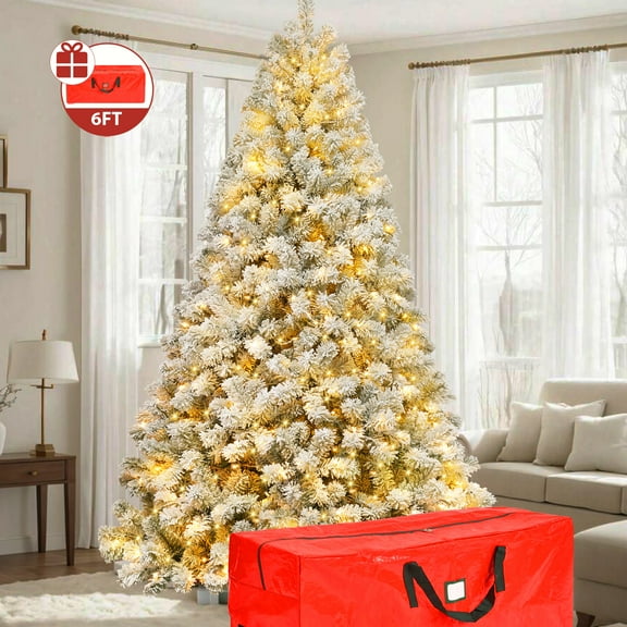 IZNEN 6ft Pre-Lit Snowflake Flocked Christmas Tree,8 Modes LED Lights,Artificial Xmas Tree with Storage Bag