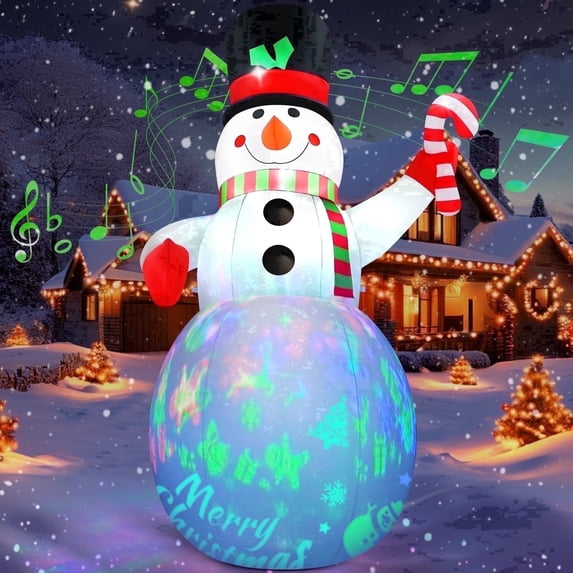 Yexmas 7FT Christmas Inflatables Snowman Blow Up Yard Decor with Music & 360 Rotation Colorful Projector LED Light for Outdoor Christmas Party ,Garden and Lawn