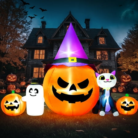 IZNEN 8ft Halloween Inflatable Pumpkins Outdoor Decor with Black Cat and Spectre,Built-in LED Lights,for Halloween Party,Yard,Garden,Lawn