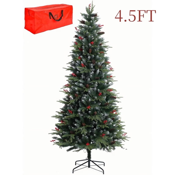 Yexmas 4.5ft Pre-Lit Artificial Christmas Trees,Green Xmas Tree with Large Christmas Tree Storage Bag,Pinecones, Berries, Realistic Artificial Christmas Trees for Home, Office, Party Decorationb