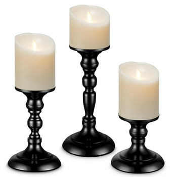 IZNEN Metal Black Candle Holder for 3" Pillar Candles Candlesticks for Table Centerpiece Fireplace Wedding Decor, Decorative Antique Candle Stand for Dining & Living Room (Set of 3 Pcs)