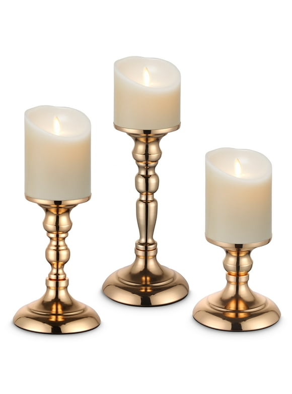 IZNEN Metal Gold Candle Holder for 3" Pillar Candles Candlesticks for Table Centerpiece Fireplace Wedding Decor, Decorative Antique Candle Stand for Dining & Living Room (Set of 3 Pcs)