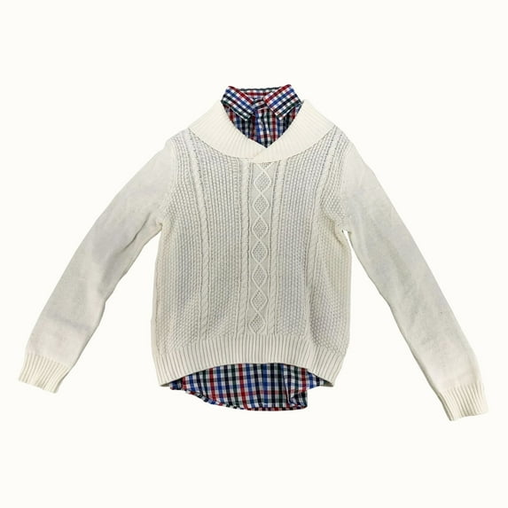 IZOD Boy's 2 Piece Cable Knit Sweater with Multi Color Button Up Shirt Set (Ivory/Multi, 10/12)