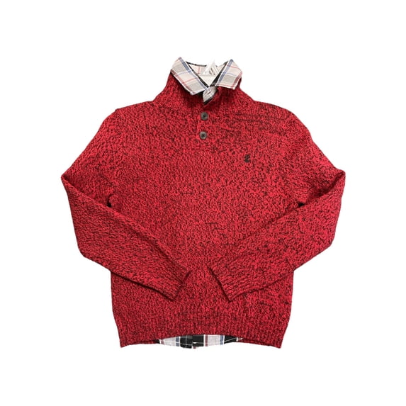 IZOD Boy's 2 Piece Cable Knit Sweater with Multi Color Button Up Shirt Set (Tango Red, 6/7)