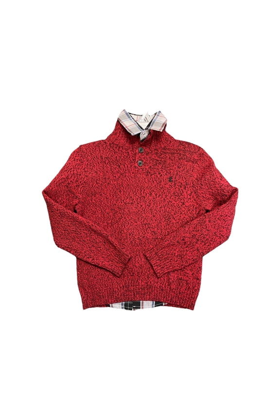 Boy's 2 Piece Cable Knit Sweater with Multi Color Button Up Shirt Set (Tango Red, 6/7)