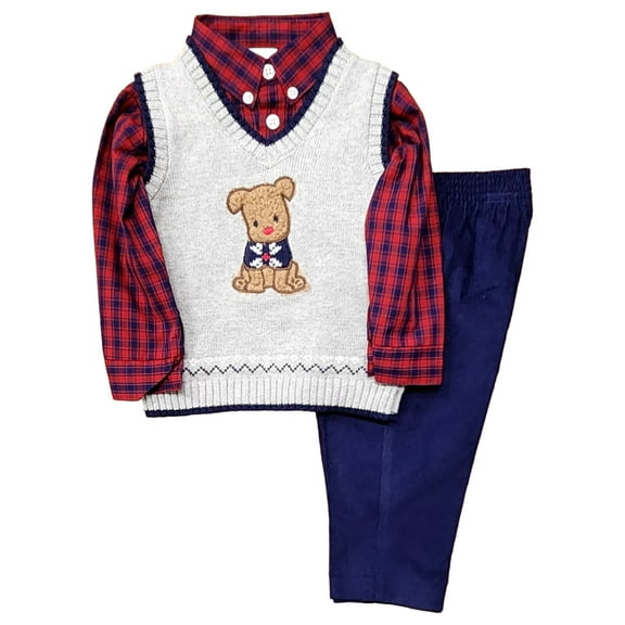IZOD Infant Boys Dress Up Fuzzy Dog Vest Black Pants & Shirt Outfit Set 12 Month