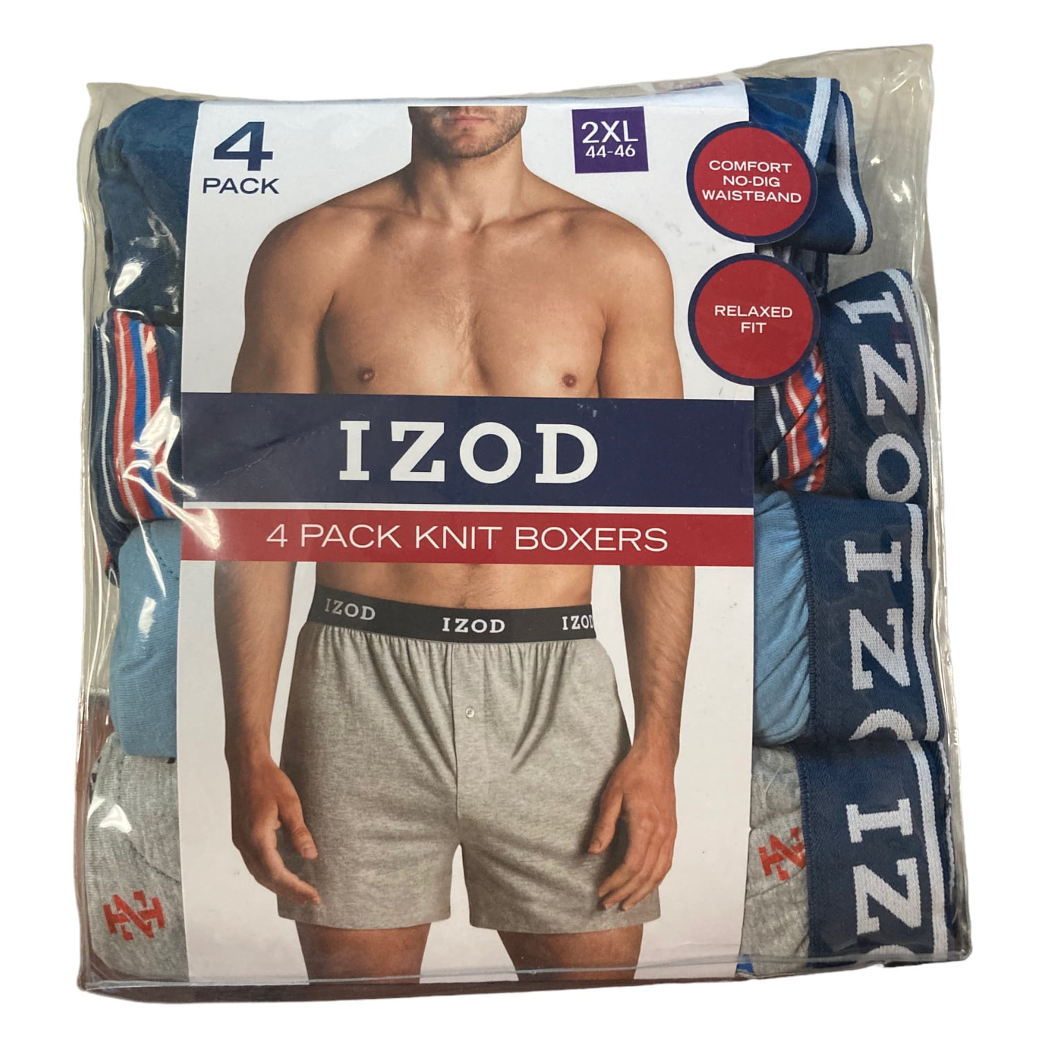 IZOD Men's 4 Pack Tag Free Comfort Knit Boxers (Navy/Stripe/Blue/Grey ...