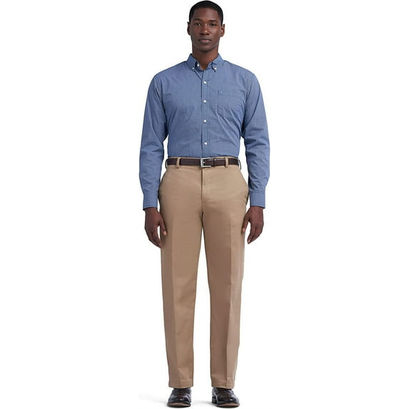 IZOD Men's American Chino Flat Front Classic Fit Pant, English Khaki, 33W x 34L