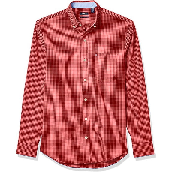 IZOD Men's Performance Comfort Longsleeve Gingham Button Down Shirt, Saltwater Red, Large