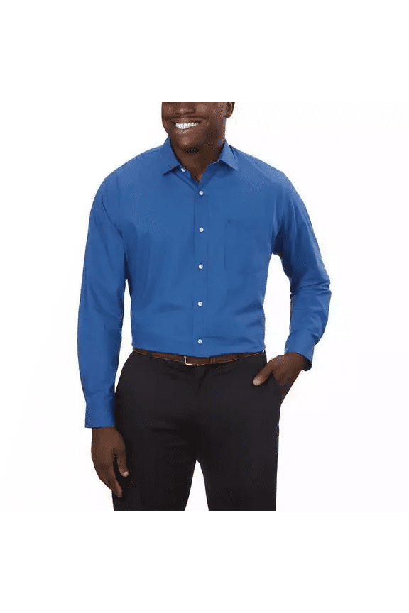 Men's Soft Washed Essentials Long Sleeve Dress Shirt Stretch Regular Fit, Dark Blue, 15-15.5 36/37