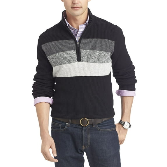 IZOD Men's Upper Chest-Stripe Long Sleeve 1/4 Zip Shaker Sweater