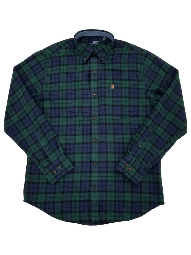 IZOD Mens Blue Green Plaid Long Sleeve Button-Down Flannel Shirt