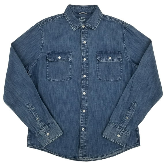 IZOD Mens Medium Indigo Wash Long Sleeve Slim Fit Button-Down Shirt X-Large
