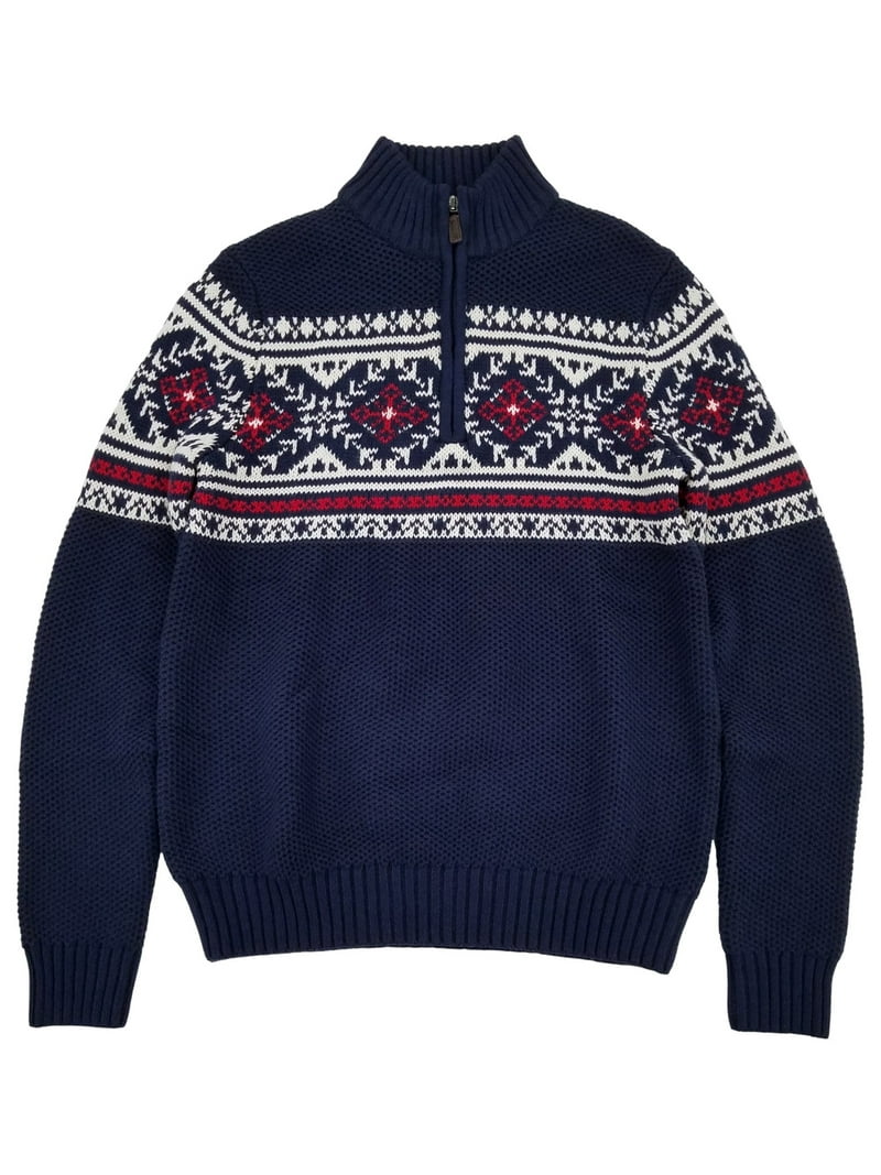 IZOD Mens Peacoat Blue Long Sleeve Fair Isle Quarter-Zip Sweater