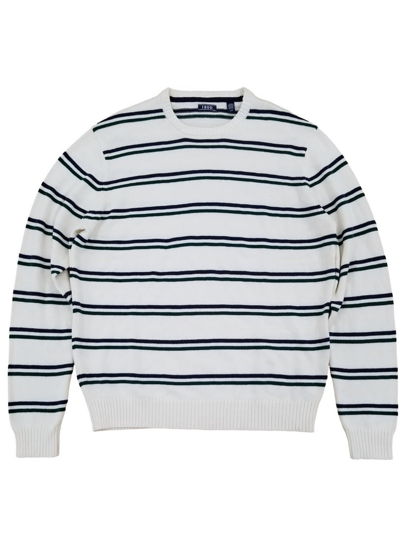 IZOD Mens White Blue & Green Striped Premium Essentials Crewneck