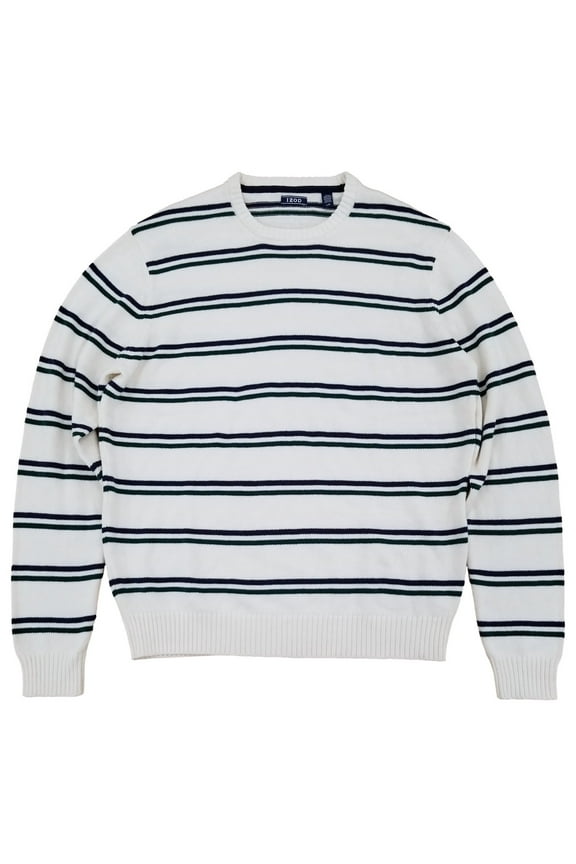 Mens White Blue & Green Striped Premium Essentials Crewneck Sweater L