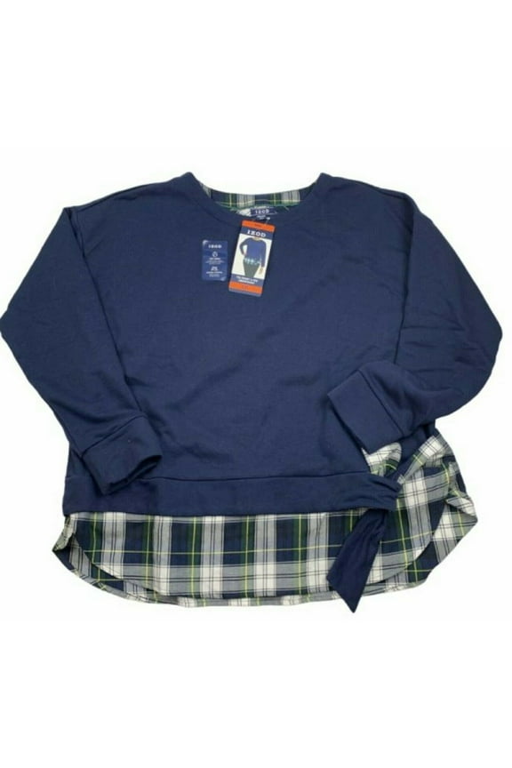Women's Long Sleeve 2-Fer Sweatshirt Peacoat Navy Blue w/Plaid Small