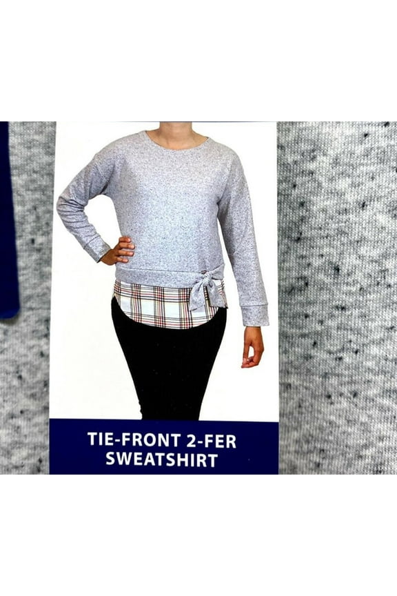 Women's Tie Front 2-Fer Sweatshirt, Light Gray Heather/Plaid, Large
