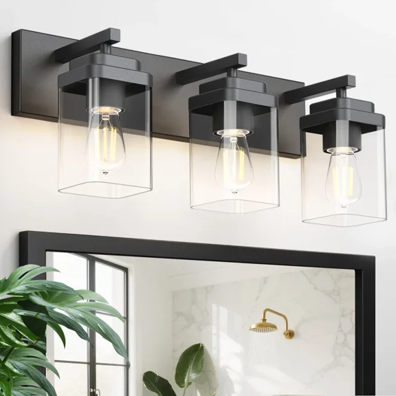 IZORRO 3-Light Black Bathroom Light Fixtures, Farmhouse Bathroom Light Square Clear Glass Shade Sconce, Modern Bathroom Lights Rectangle Large Backplate, E26 Base for Vanity Table