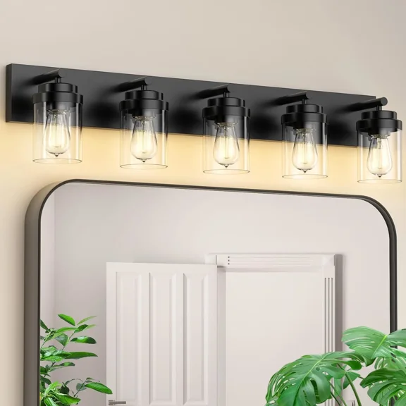 IZORRO Bathroom Light Fixtures over Mirror, 5-Light 36 inch Matte Black Vanity Lights for Bathroom, Clear Glass Shade, Modern Farmhouse