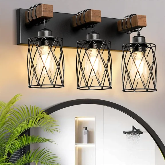 IZORRO Farmhouse Bathroom Vanity Light, 3-Light Wood Bathroom Light Fixtures Over Mirror, Black Industrial Vanity Lights with Metal Shade, Rustic Restroom Lighting Fixtures