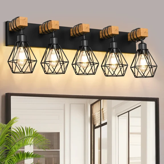 IZORRO 5-Light Farmhouse Black Bathroom Vanity Light, Metal Lampshade Bathroom Lighting Fixtures, Industrial Wall Mount for Bedroom & Dressing Table