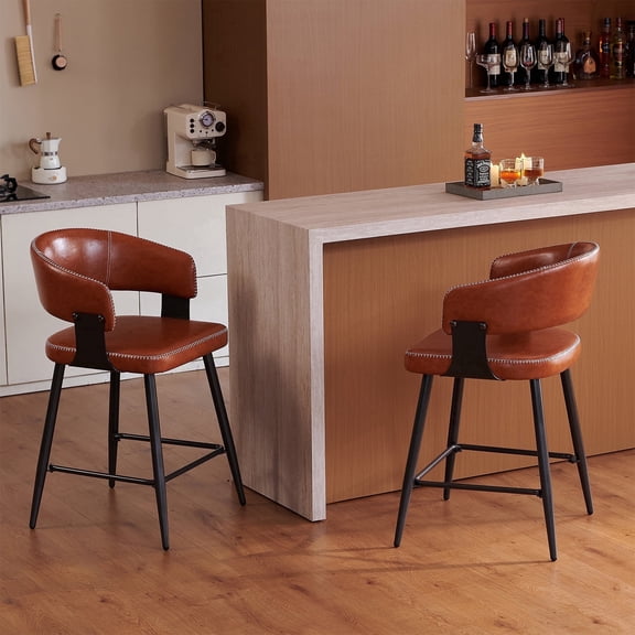 IZXGS Modern Bar Stools Set of 2, 25.6" Counter Height Bar Stools with Curved Back, Faux Leather Barstools for Kitchen Island,Brown