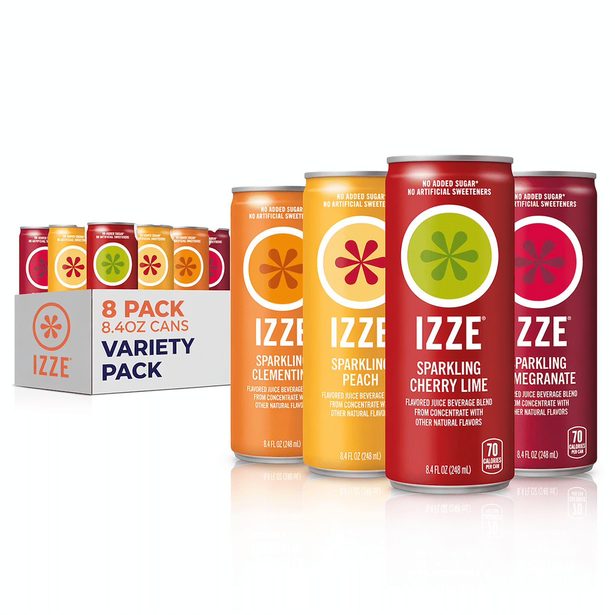 IZZE Sparkling Juice Beverage Blend, Sunset Variety Pack, Clementine, Peach, Cherry Lime, Pomegranate, No Sugar Added, 8.4 Fl Oz (Pack of 8)