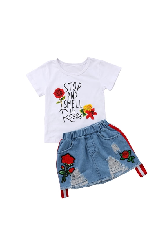 2Pcs Fashion Toddler Kids Baby Girls Summer Tops T-shirt Denim Dress Outfits Set Clothes
