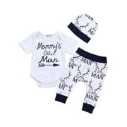 IZhansean 3PCS Newborn Baby Boys Clothes Set Letter Short Sleeve Romper Pants Legging Hat White 3-6 Months