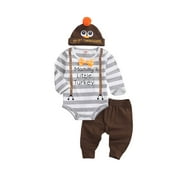 IZhansean Baby Boys Thanksgiving Outfit Mommy's Little Turkey Letter Stripe Bodysuit Romper + Pants + Hat Clothes 3Pcs Set Brown 0-3 Months