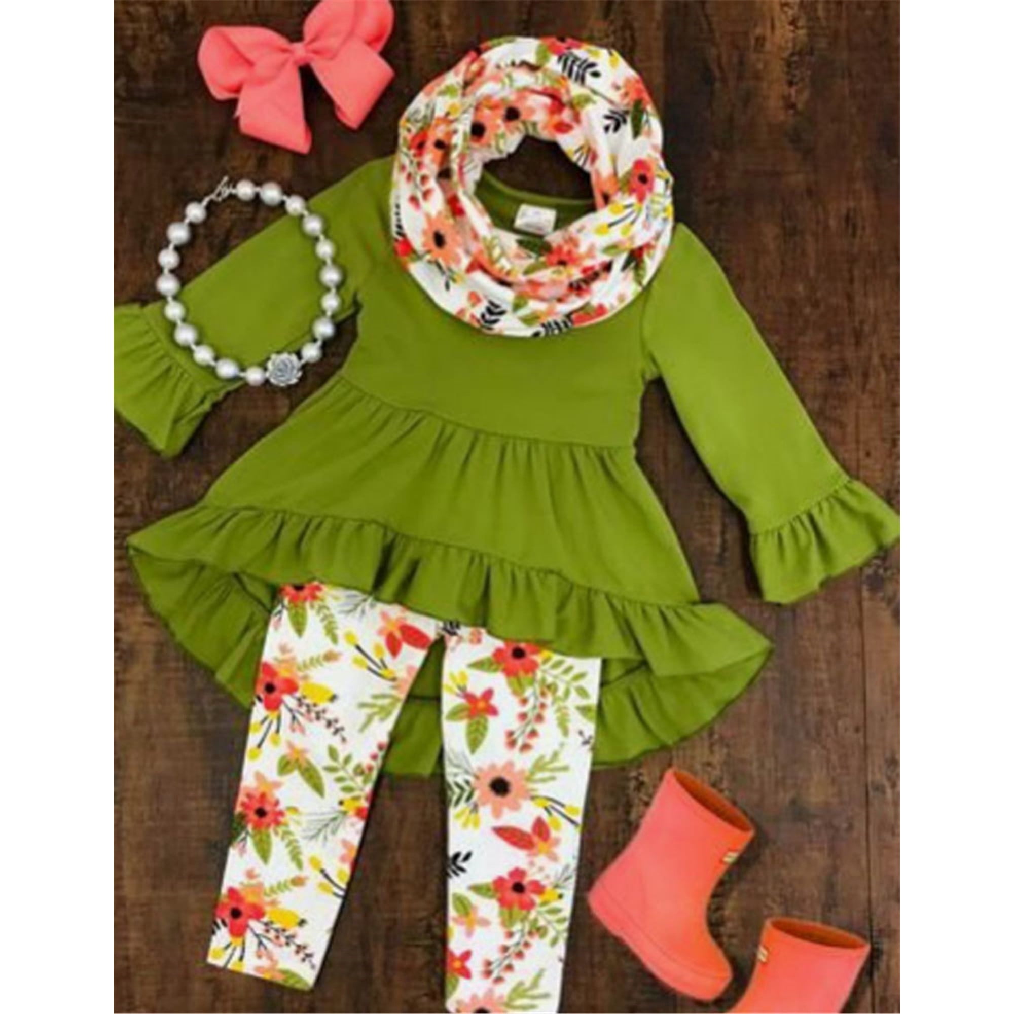 IZhansean Boutique Toddler Kids Baby Girl Ruffle Top Dress Floral Pants Legging Outfits Clothes Green 4 Years