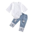 thumbnail image 1 of IZhansean Infant Toddler Baby Girl Summer Clothes Set Romper Bodysuit Denim Pants Outfits, 1 of 9